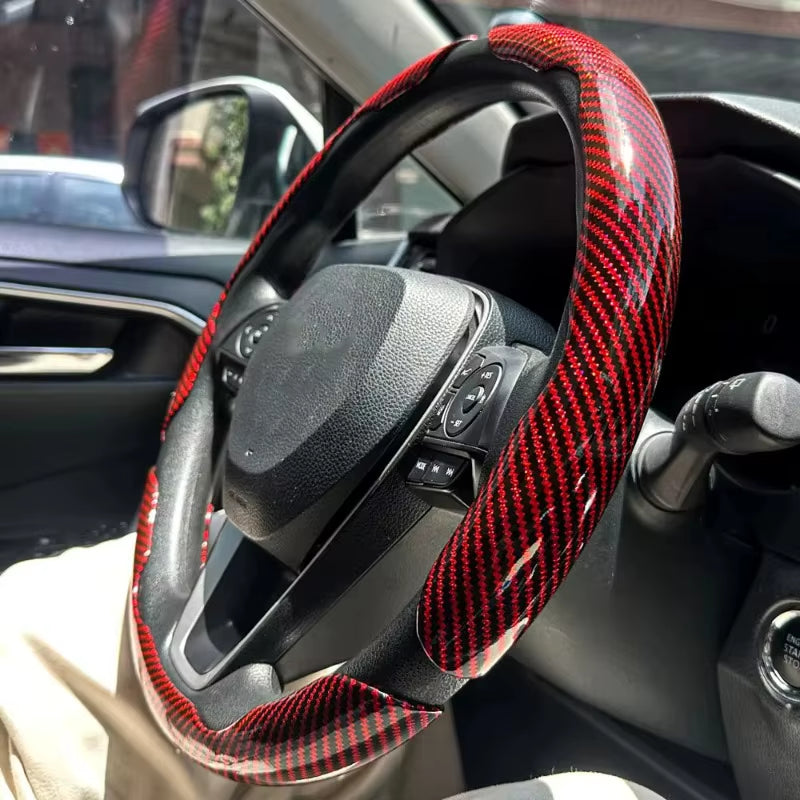 3PCS Laser Carbon Fiber Silicone Car round Steering Wheel Cover Fiber Leather Wheel Booster Auto Cover Non-Slip Universal Parts